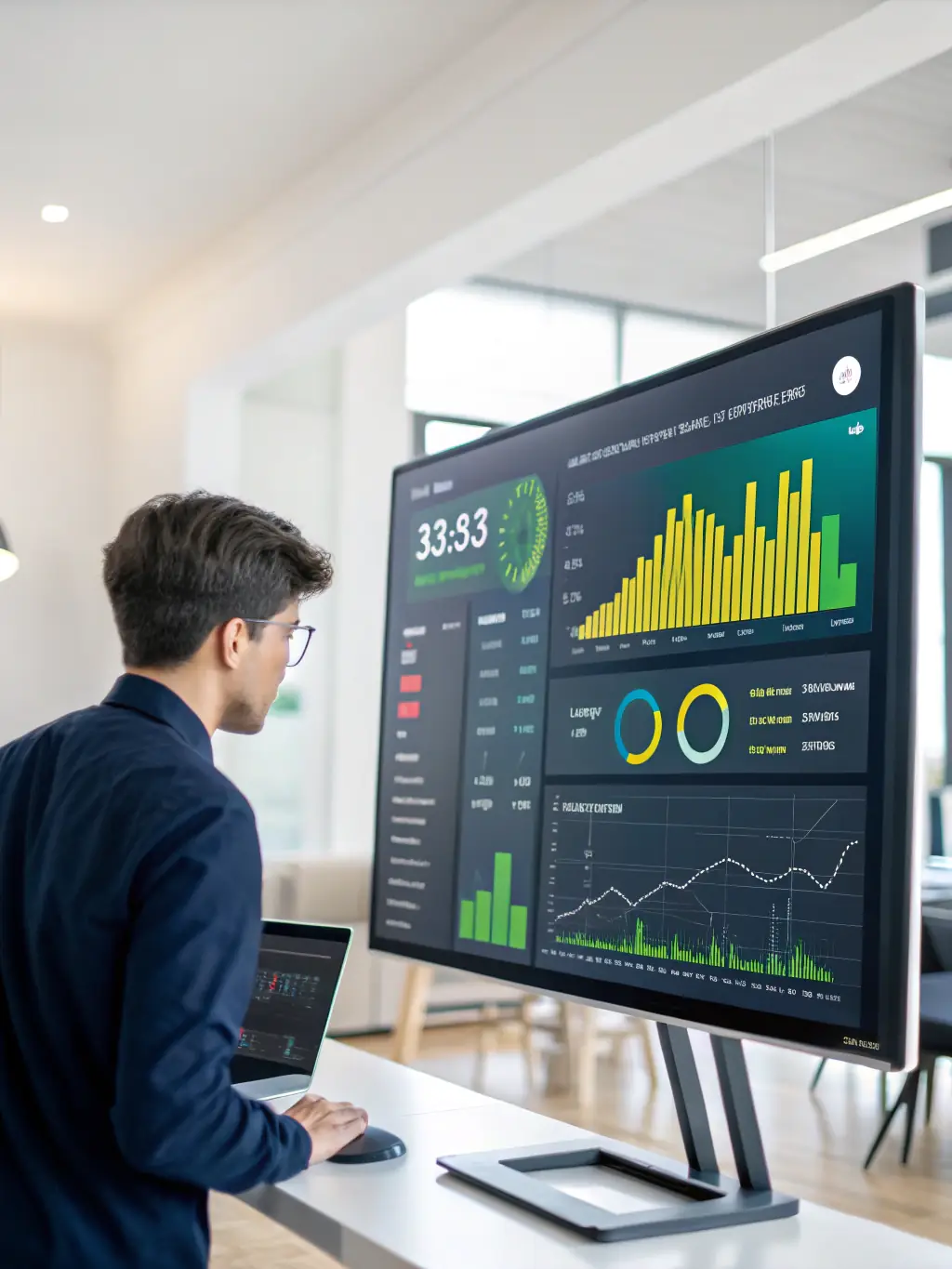 A futuristic graph showing predictive analytics for a business, with upward trending lines and positive indicators.