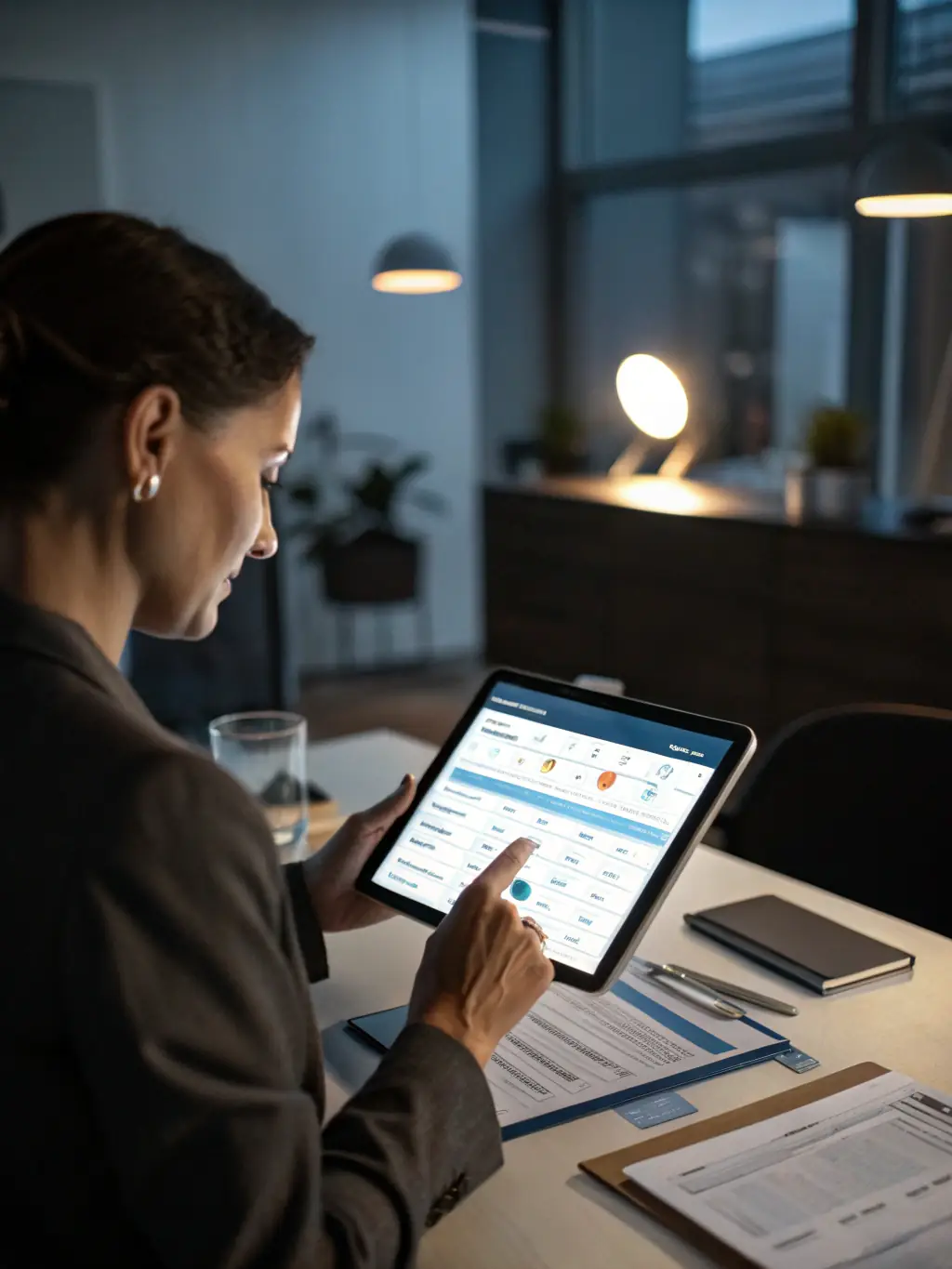 A professional businessman analyzing a financial report on a tablet, with a positive expression, indicating enhanced decision-making.