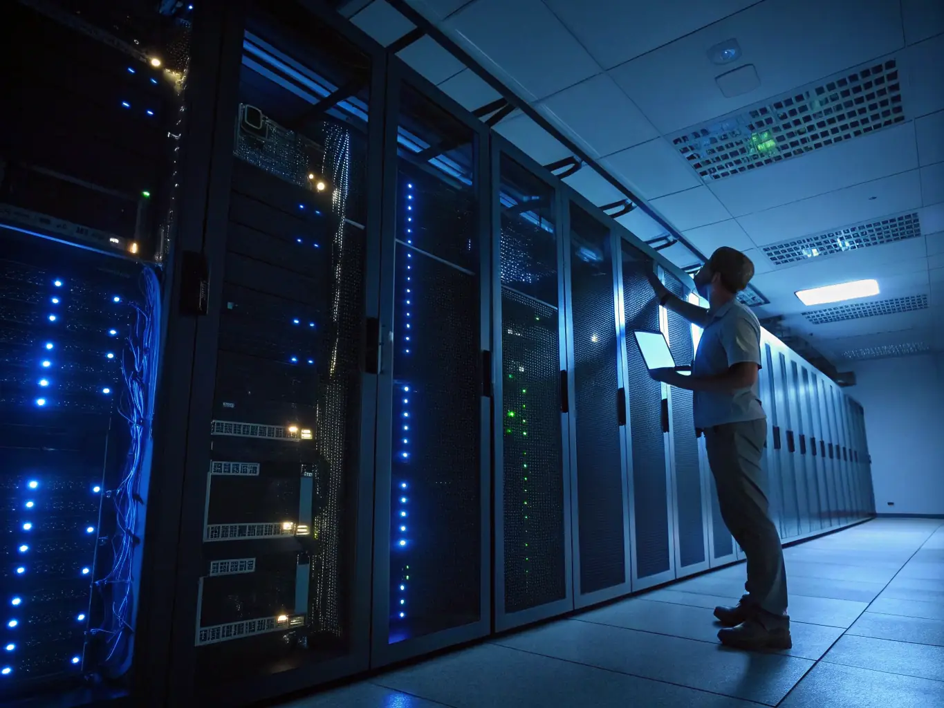 An image of a secure server room with blinking lights, representing the robust and reliable infrastructure of system.abogado's financial solutions.