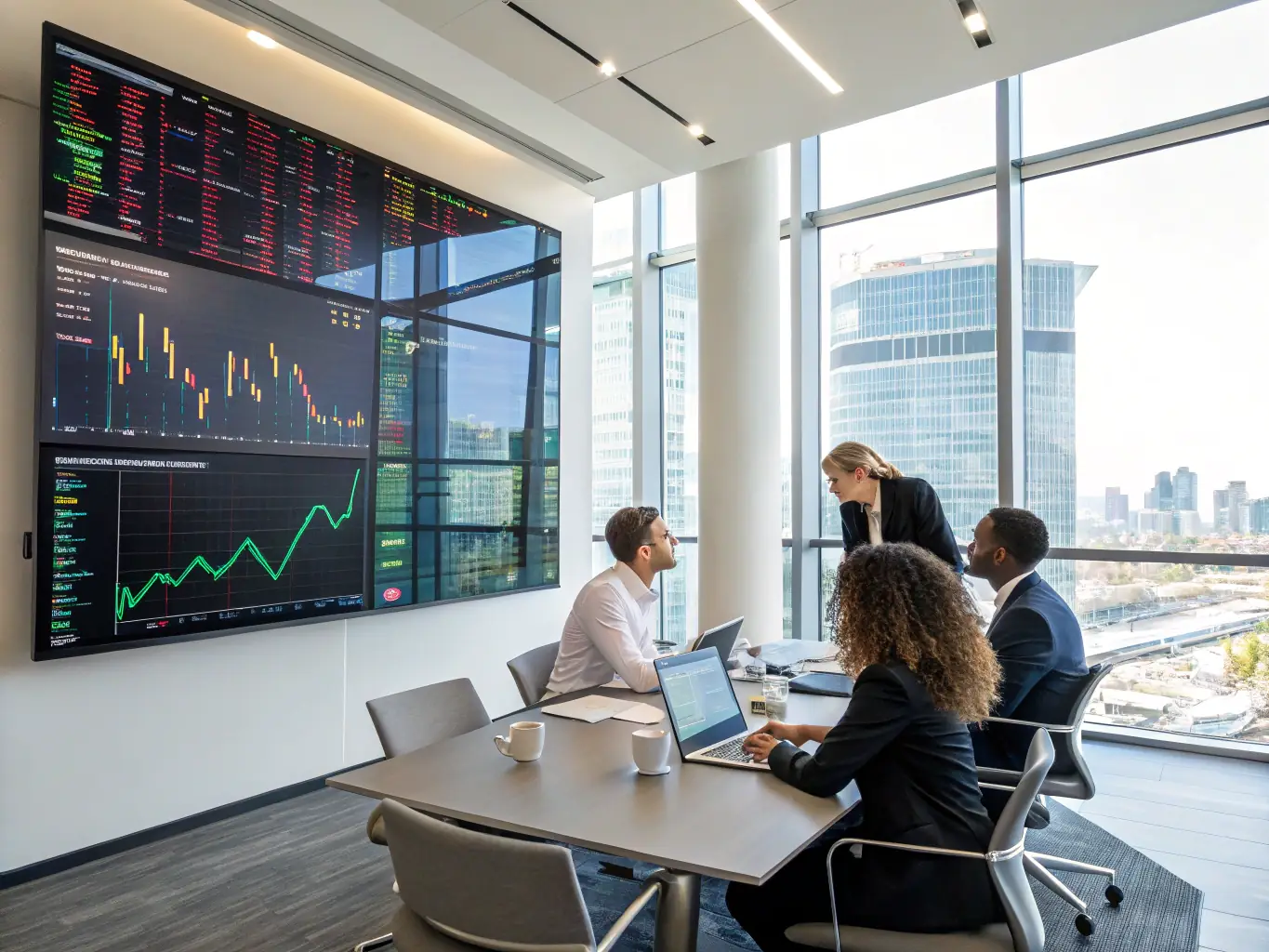An image of a modern office space with professionals collaborating around a large interactive display showcasing financial data and analytics.