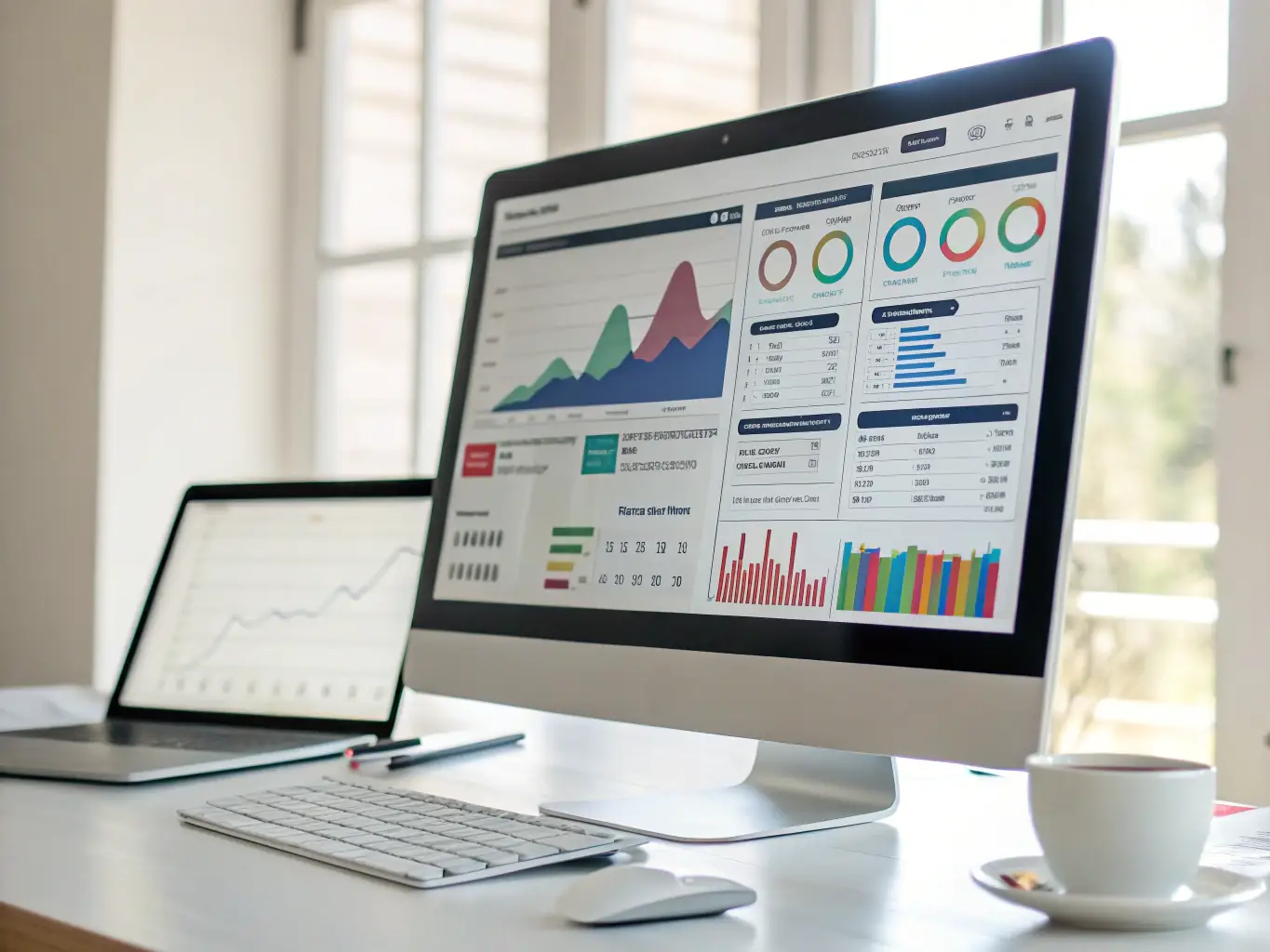 A detailed image showcasing a dashboard with real-time financial analytics, highlighting key performance indicators and trends, set in a modern office environment.