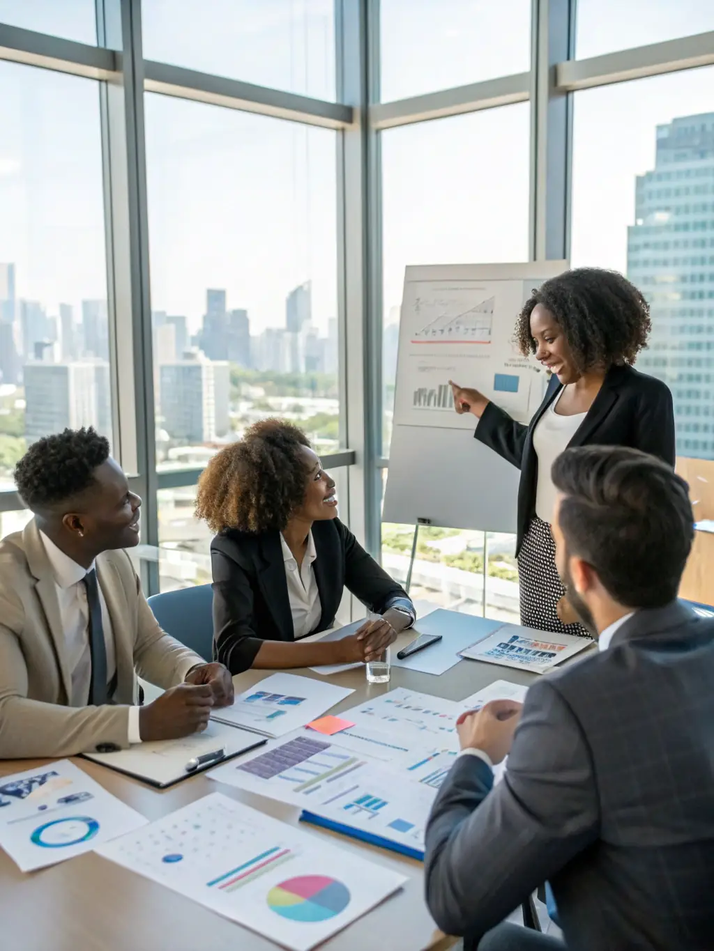 A diverse team of financial experts collaborating in a modern office setting, discussing strategies and solutions for System.abogado's clients.