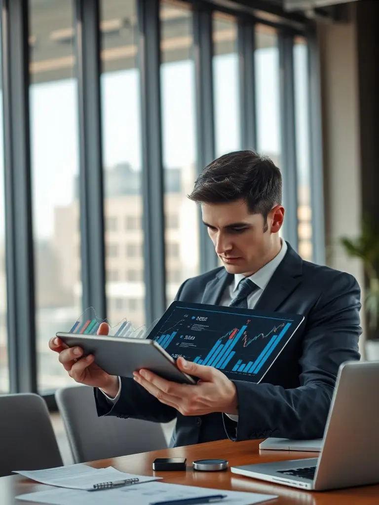 A professional businessman analyzing financial data on a computer screen, with charts and graphs visible in the background, representing System.abogado's financial analytics platform.